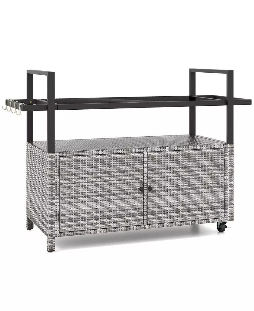 SUGIFT Outdoor Bar Cart Wicker Buffet Serving Cart with Cabinet and 8 Hooks 3