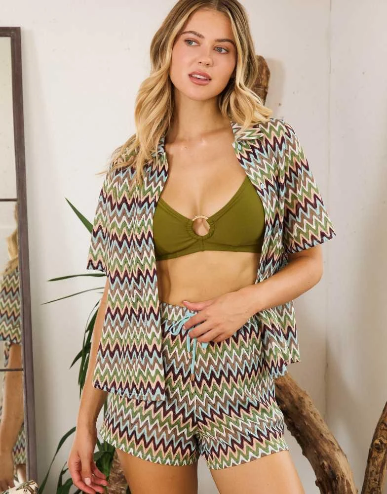 Wolf & Whistle Wolf & Whistle Kalahari zig zag crochet beach shirt in khaki 4