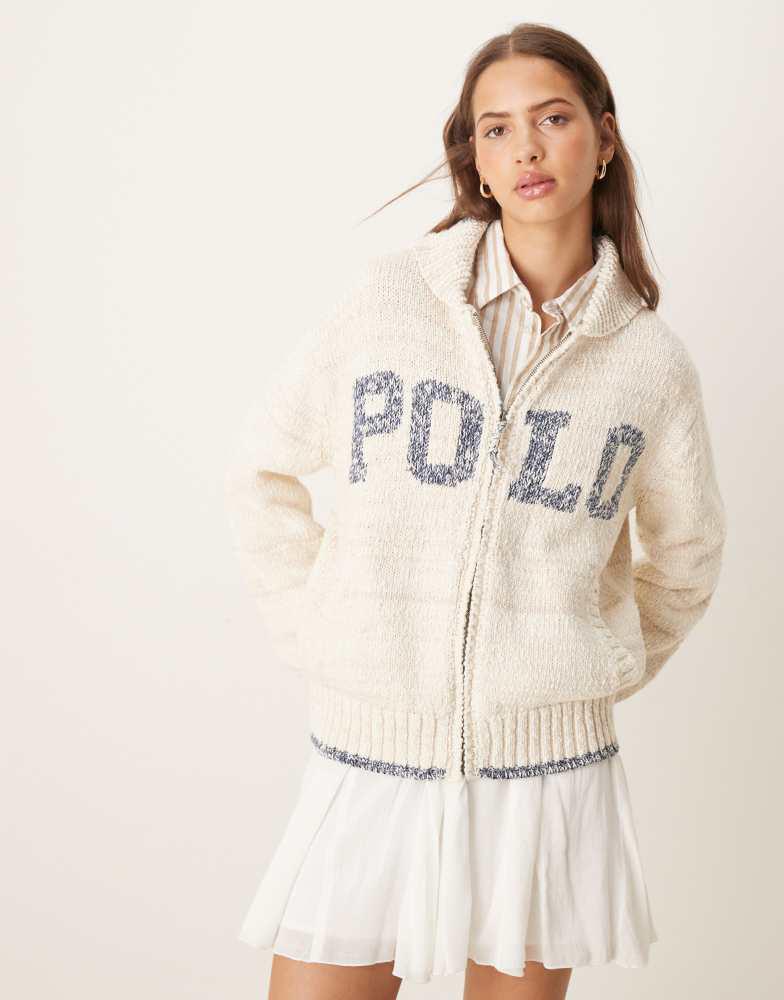 Polo Ralph Lauren zip through hooded cardigan in cream and blue