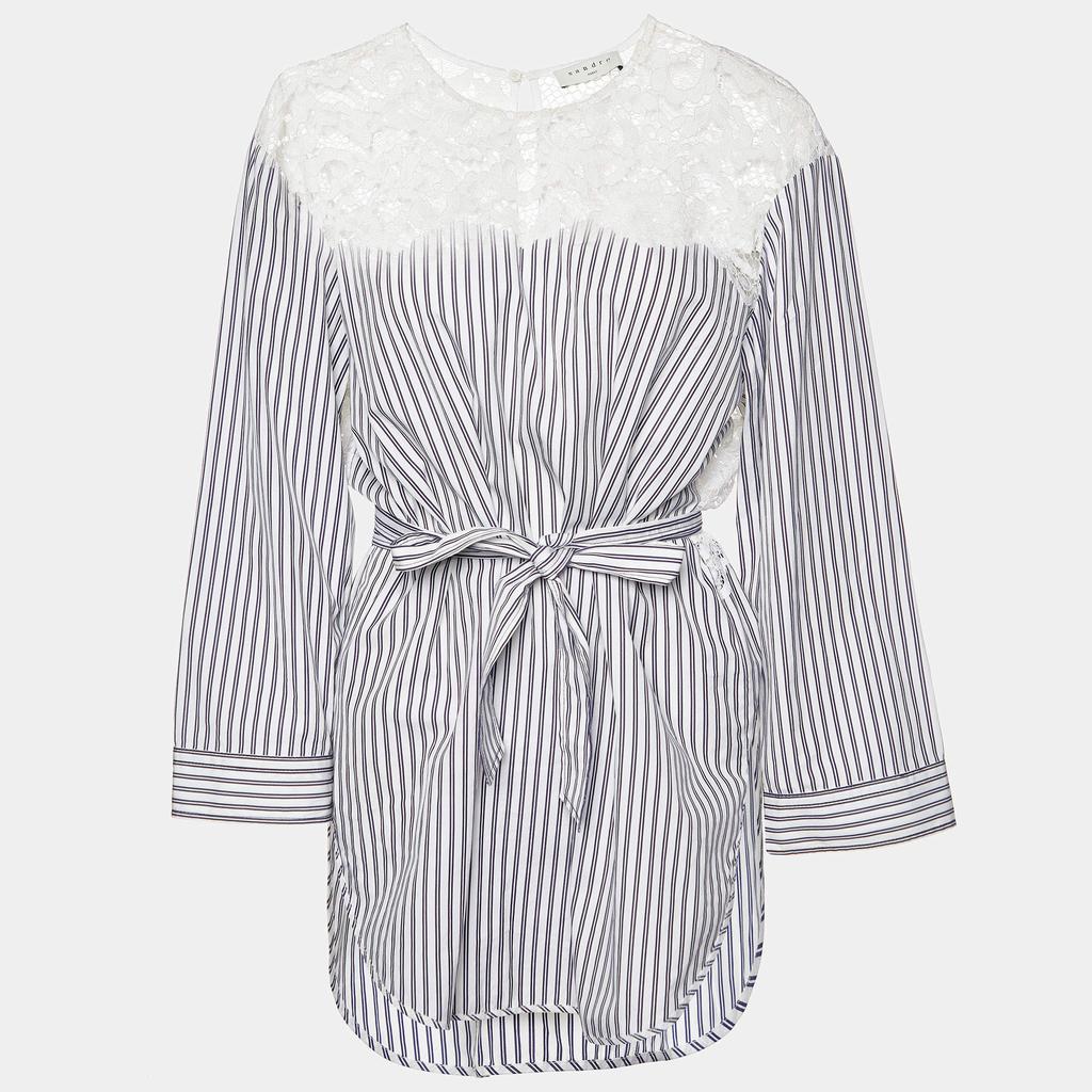 Sandro Sandro White/Blue Striped Cotton Lace Trim Dorothee