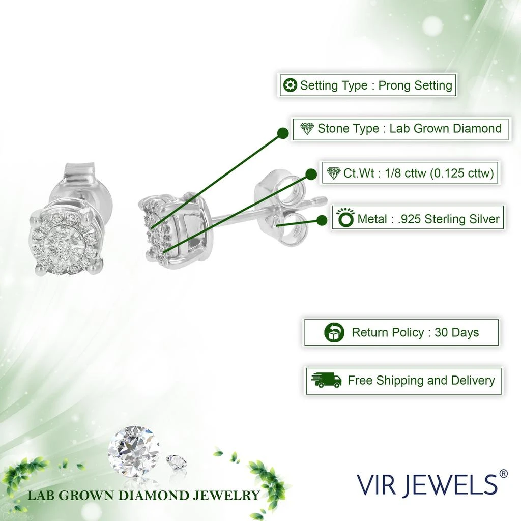 Vir Jewels 1/8 cttw Stud Earrings for Women, Round Lab Grown Diamond Stud Earrings in .925 Sterling Silver, Prong Setting 3