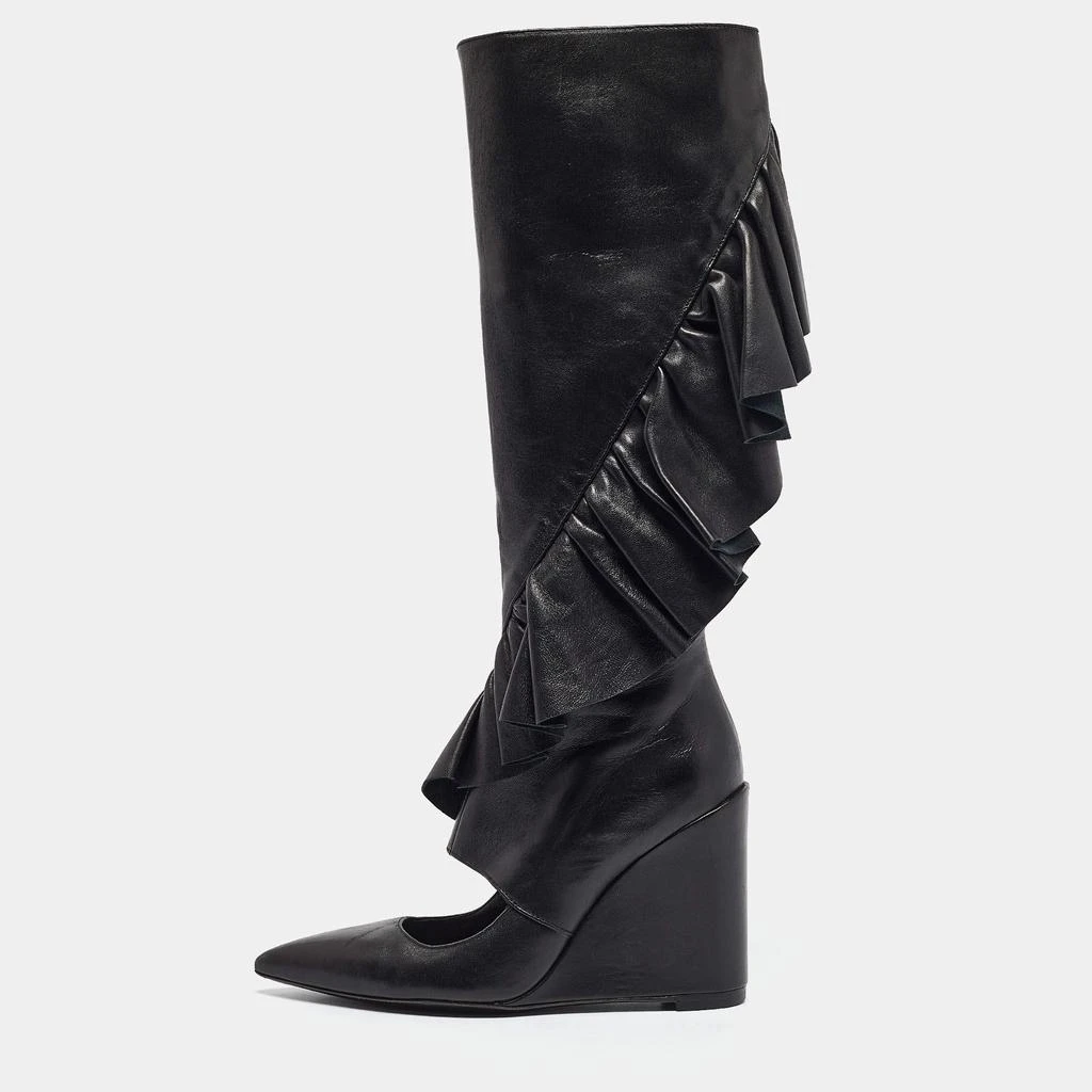 JW Anderson J.W. Anderson Black Leather Ruffle Knee Length Wedge Boots Size 38 1