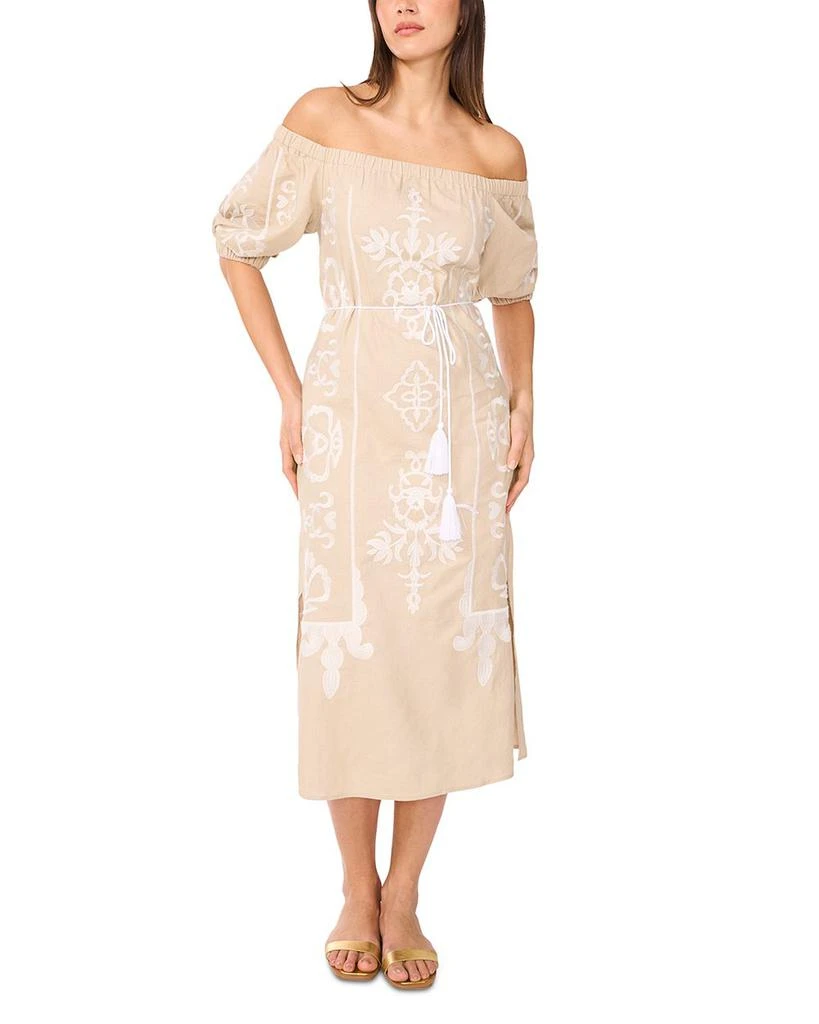 Vince Camuto Women's Embroidered Linen-Blend Off-The-Shoulder Midi Dress - Natural - Size M Vince Camuto Women's Embroidered Linen-Blend Off-The-Shoulder Midi Dress - Natural - Size M
