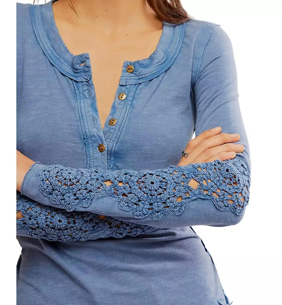 Free People Women's Our Song Cotton Henley Crochet-Cuff Top 4