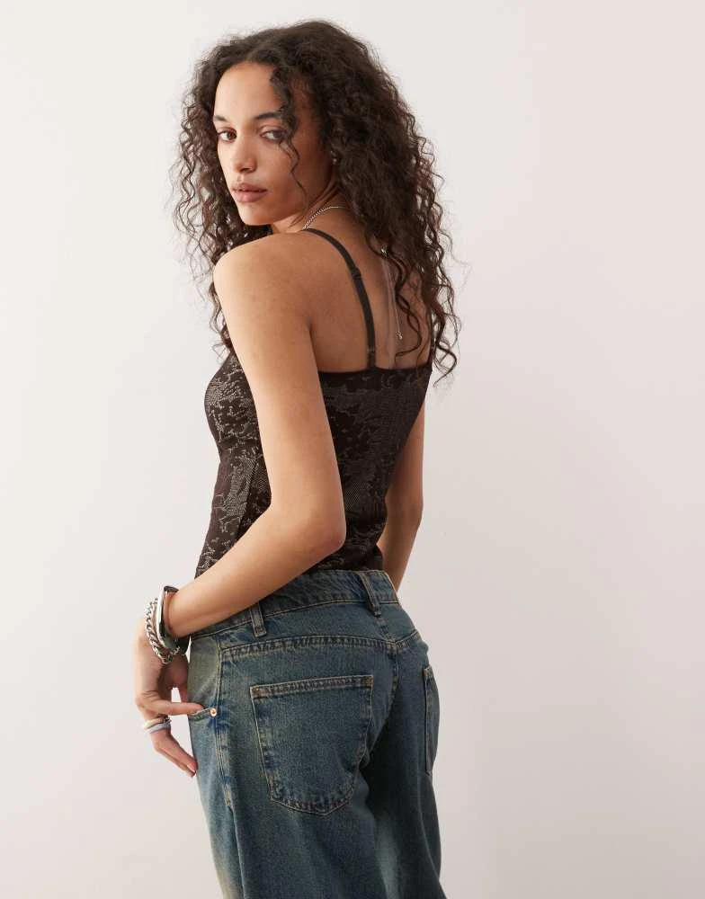 COLLUSION COLLUSION knitted cami top with ruffle detail in brown 4