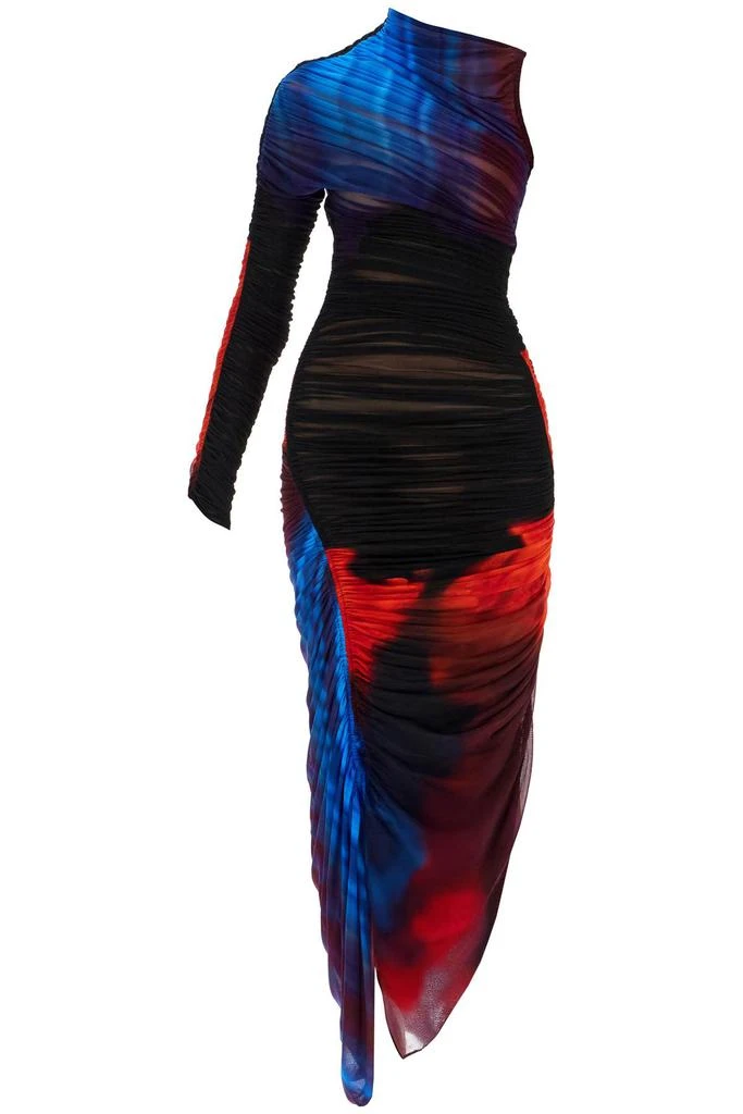 Mugler asymmetrical pleated floral dress in blue and red slim fit long sleeve 1