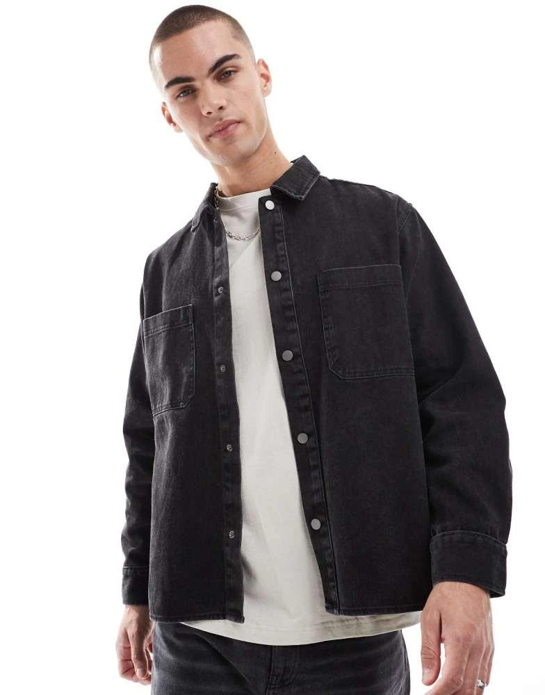 Pull&Bear Pull&Bear denim acid washed overshirt in black 1