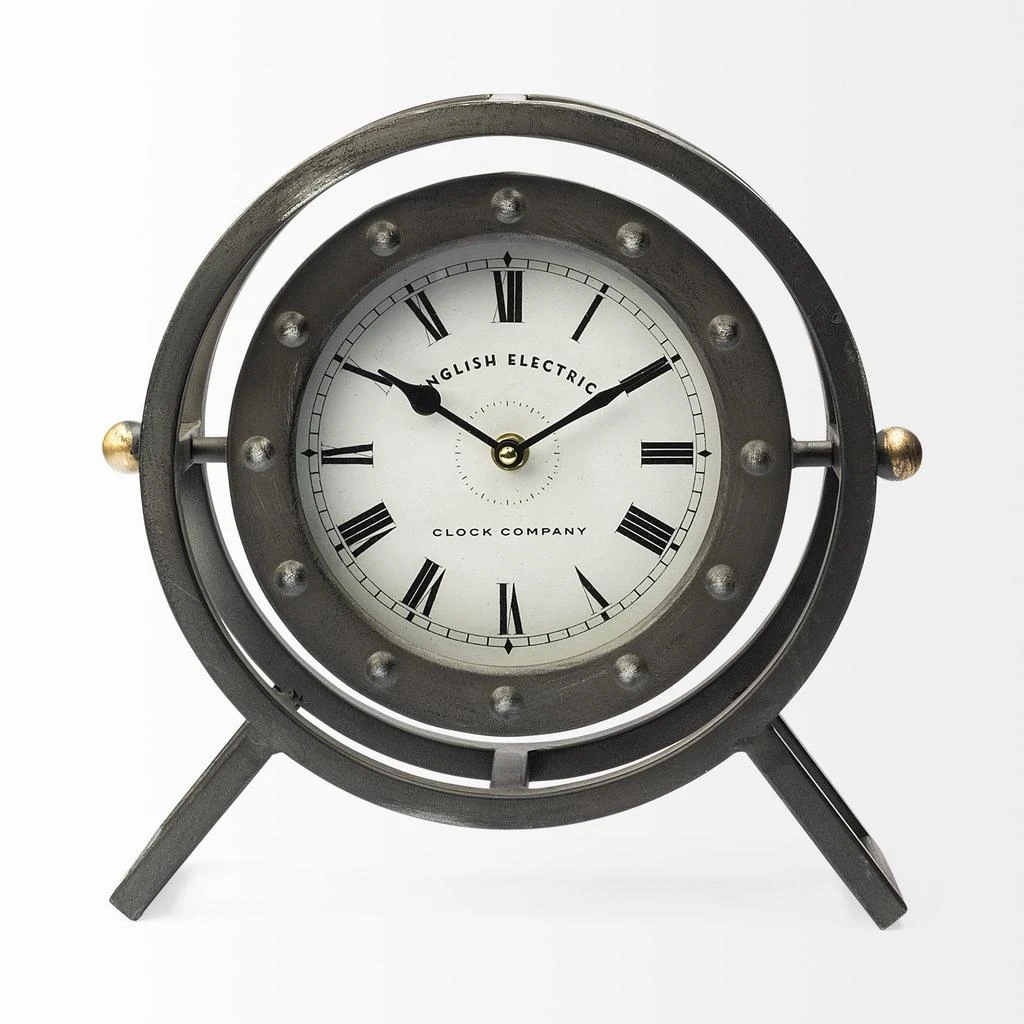 Hivvago Gray Metal Circular Desk  Table Clock With Rivet Detail Frame
