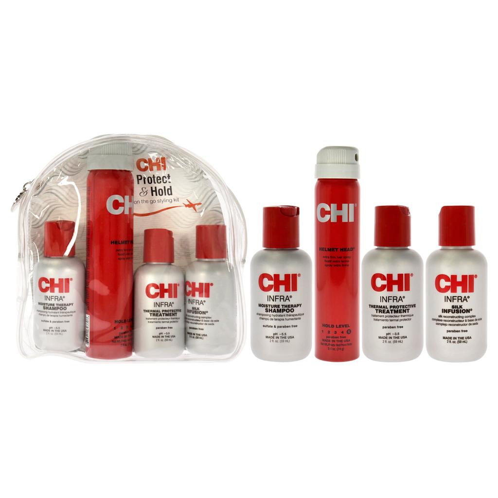 CHI Protect And Hold On The Go Styling Kit by  for Unisex - 4 Pc 2oz Infra Shampoo, 2oz Infra Treatment, 2.6oz Helmet Head Hair Spray, 2oz Silk Infusion