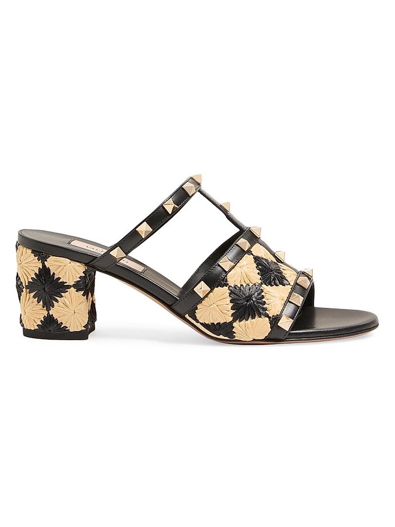 Valentino Rockstud Slide Sandals with Raffia Check Embroidery 60MM