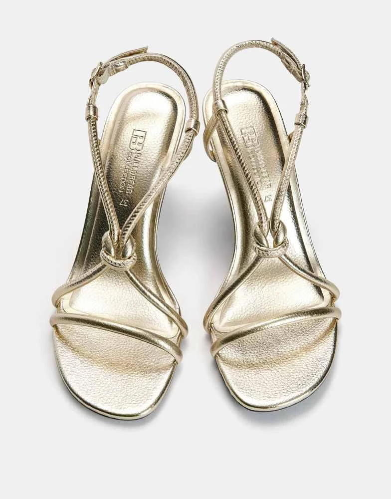Pull&Bear Pull&Bear knotted high heel sandals in gold 2