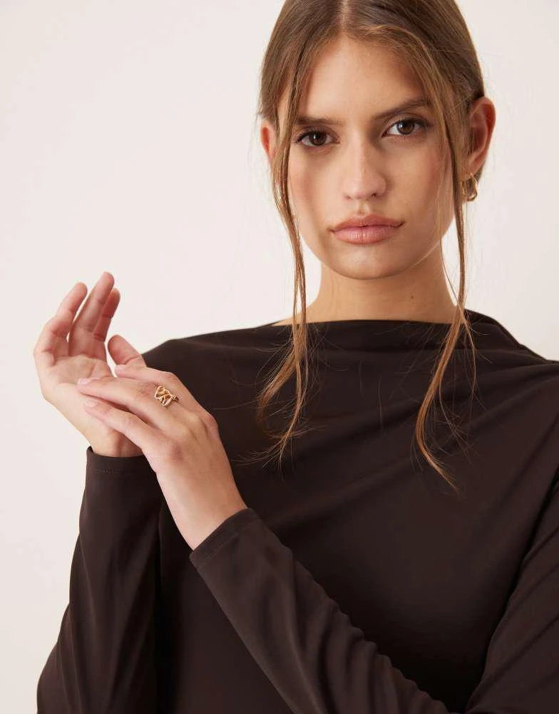 Mango slash neck long sleeve maxi dress in brown