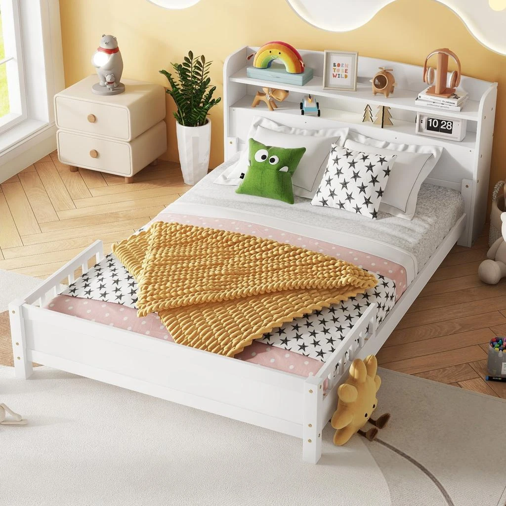 Streamdale Furniture Streamdale Pine Wood Bed with Bookcase Headboard, LED 
Guardrails, White