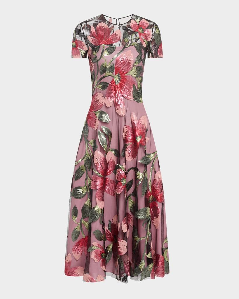 Naeem Khan Floral Matte Sequined Tulle Cap-Sleeve Cocktail Dress