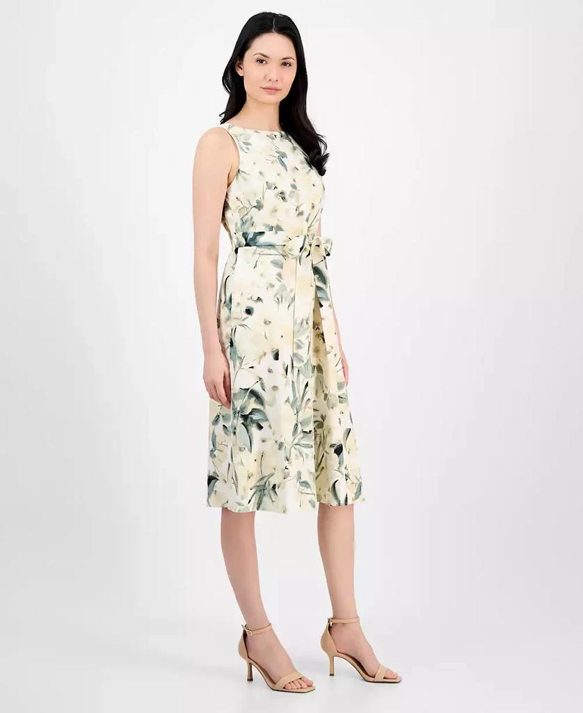 Anne Klein Women's Linen Blend Floral-Print Tie-Waist Sleeveless Dress 2