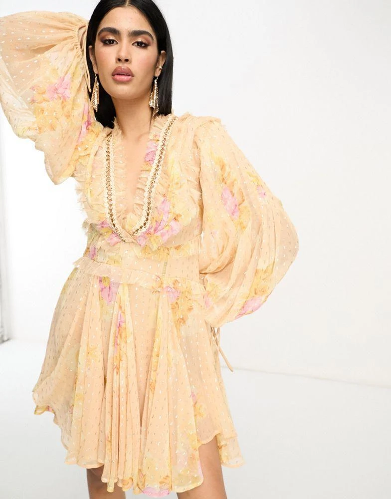 ASOS ASOS DESIGN ruffle detail mini dress with chain detail in floral metallic jacquard print 1
