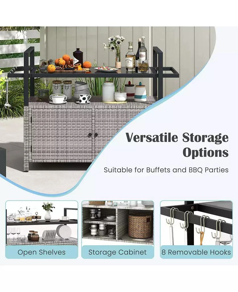 SUGIFT Outdoor Bar Cart Wicker Buffet Serving Cart with Cabinet and 8 Hooks 9