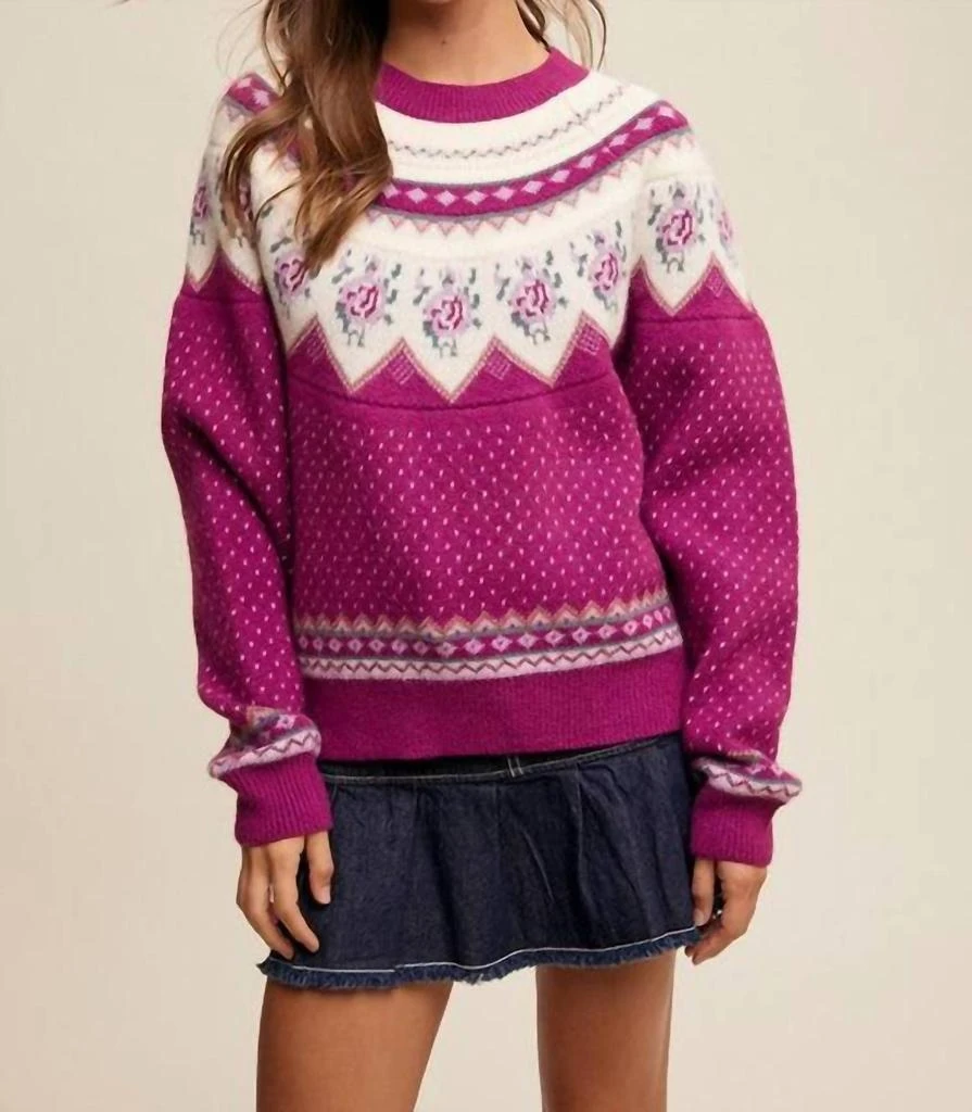Listicle Vintage Flower Crew Neck Sweater In Plum 1