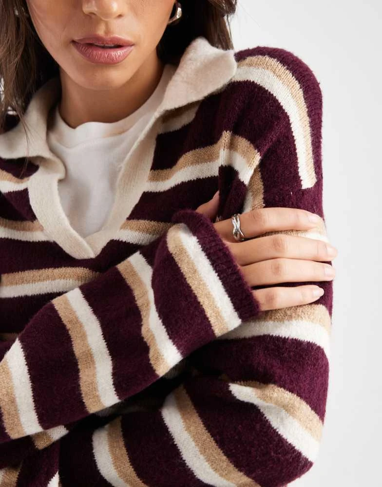 ASOS ASOS DESIGN fluffy knitted polo top in wine stripe 3