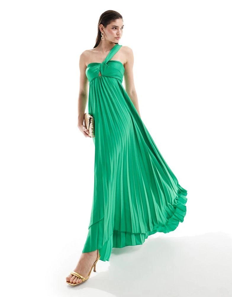 Mango Mango one shoulder pleated maxi dress in green 1