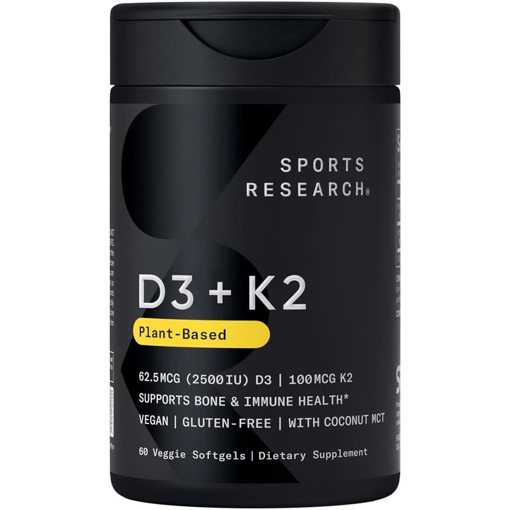Sports Research Sports Research® Vitamin D3 + K2 w/Coconut Oil - Vegan Vitamin D 2500iu 
Mk7 Vitamin K 100mcg for Bone 
Immune Support - Vegan Certified · Non-GMO · Soy Free - 60 Softgels