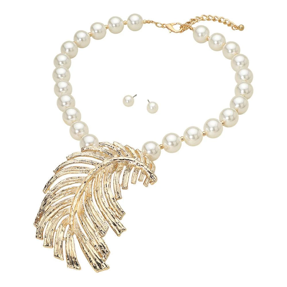 FASHNZFAB Bold Textured Metal Leaf Pendant Accent Pearl Statement Necklace - Cream, Gold 2