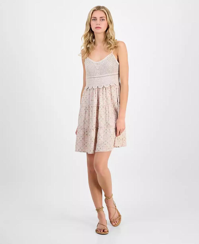 Pink Rose Juniors' Crochet-Bodice Tiered Mini Dress