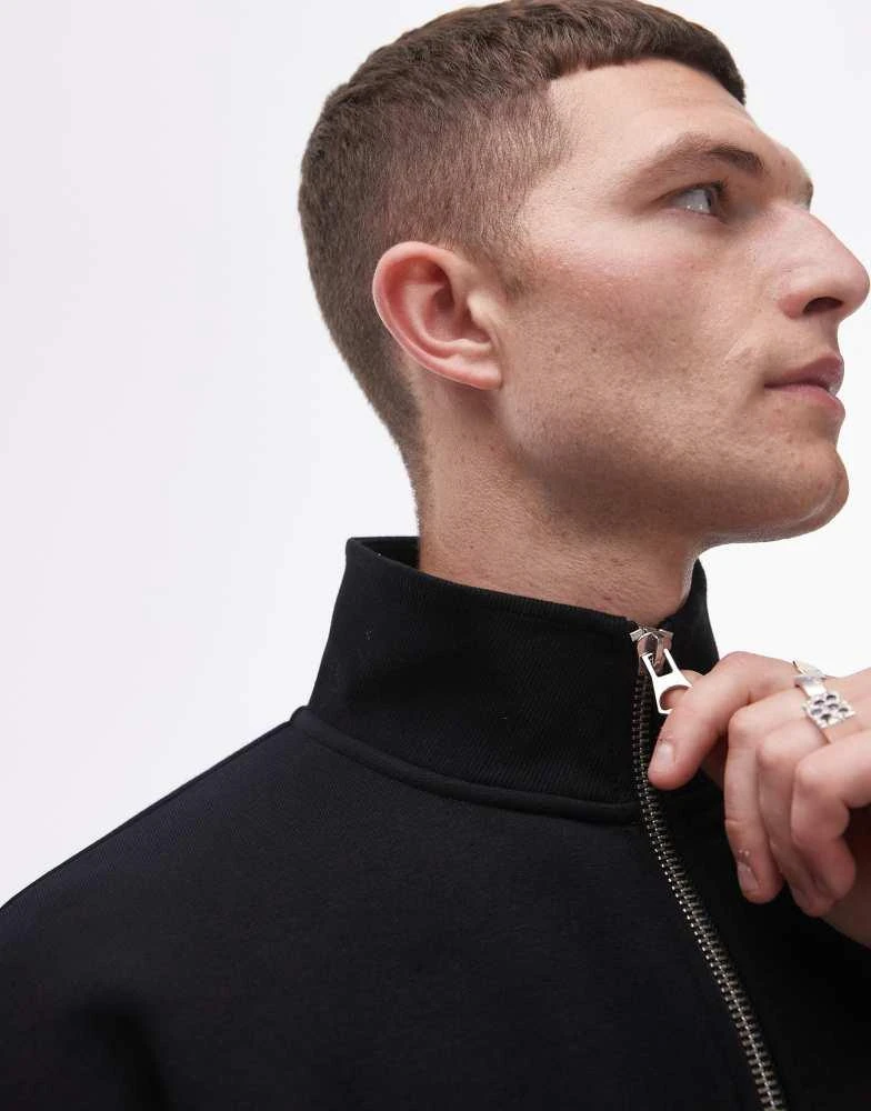 Topman Topman premium heavyweight full zip funnel sweatshirt in black 4