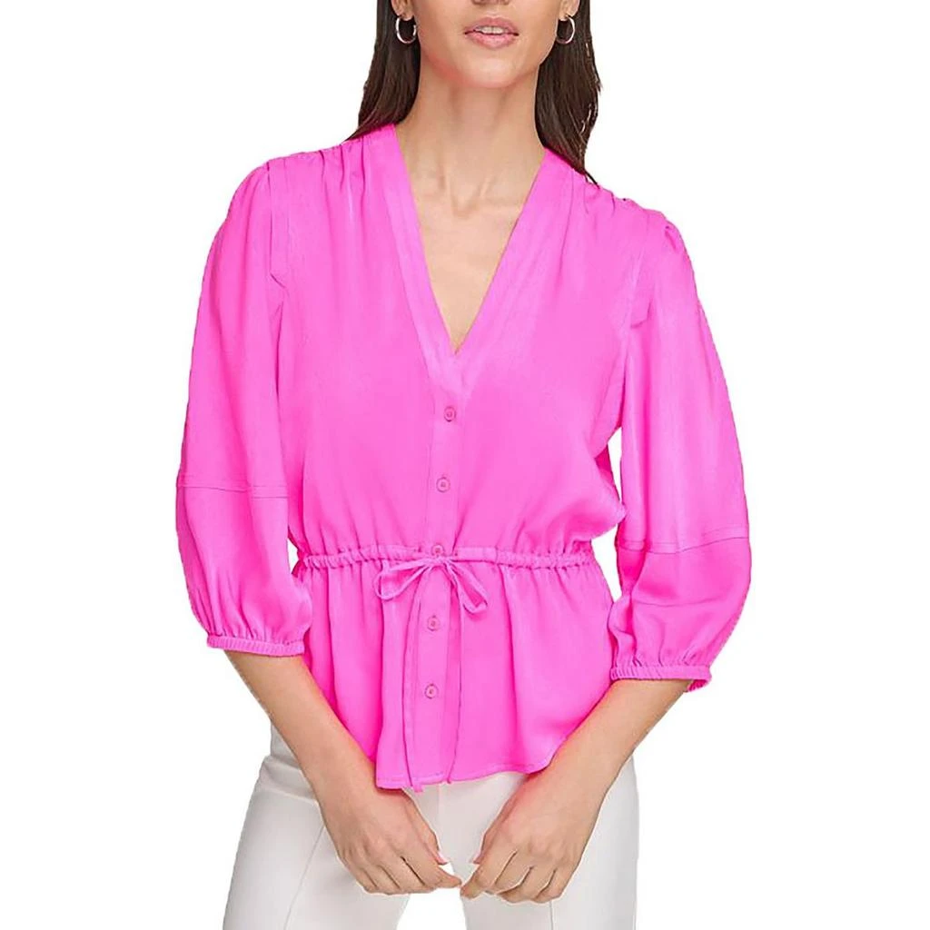 DKNY Womens V-Neck Drawstring Button-Down Top 1