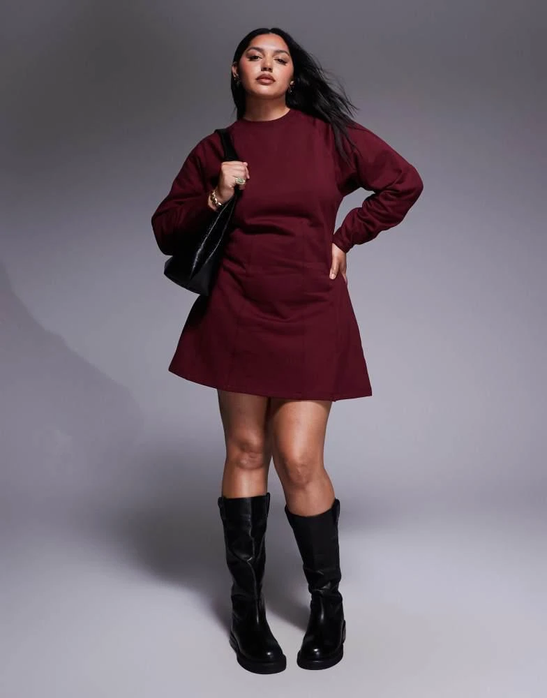 ASOS ASOS DESIGN Curve corset waist cotton mini sweat dress in burgundy - BURGUNDY 2