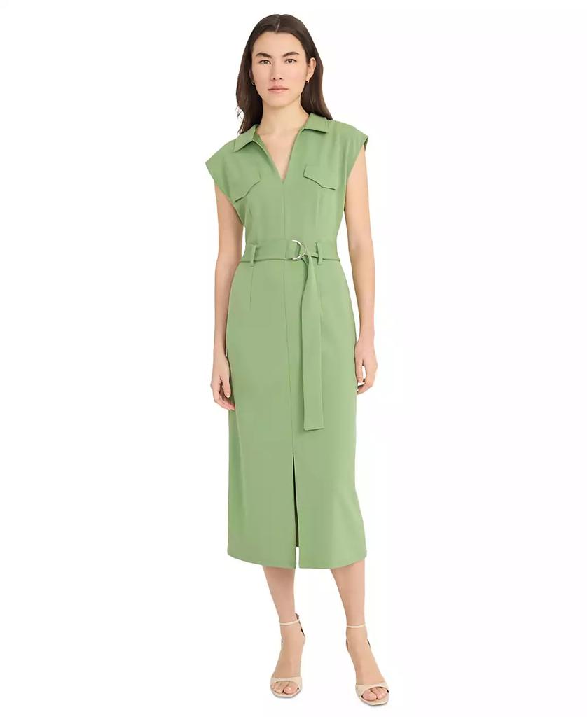 Donna Morgan Women's Belted Split-Neck Midi Dress