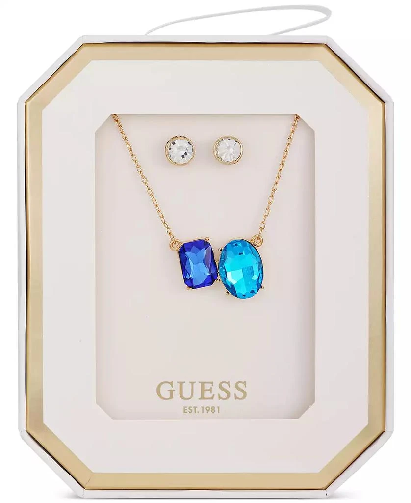 GUESS Gold-Tone Double Crystal Pendant Necklace & Logo Stud Earrings Set 3