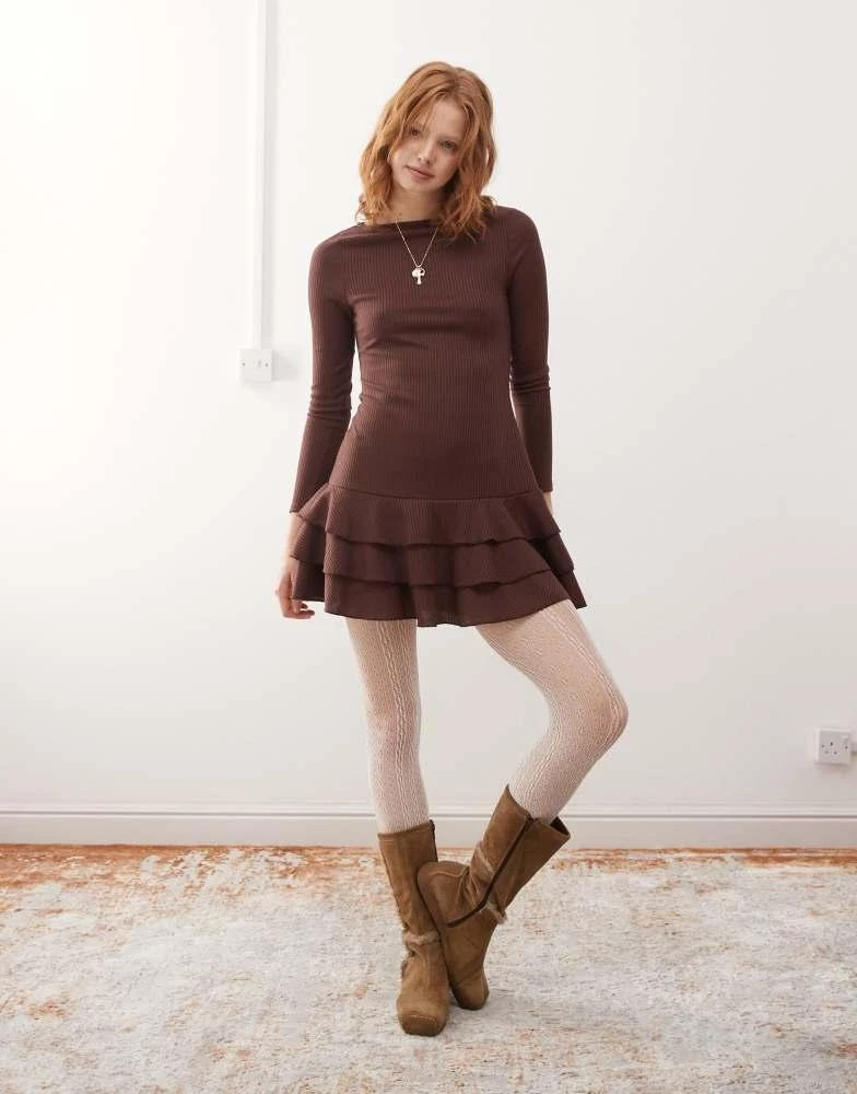 Reclaimed Vintage Reclaimed Vintage long sleeve ruffle drop waist mini dress in brown 2
