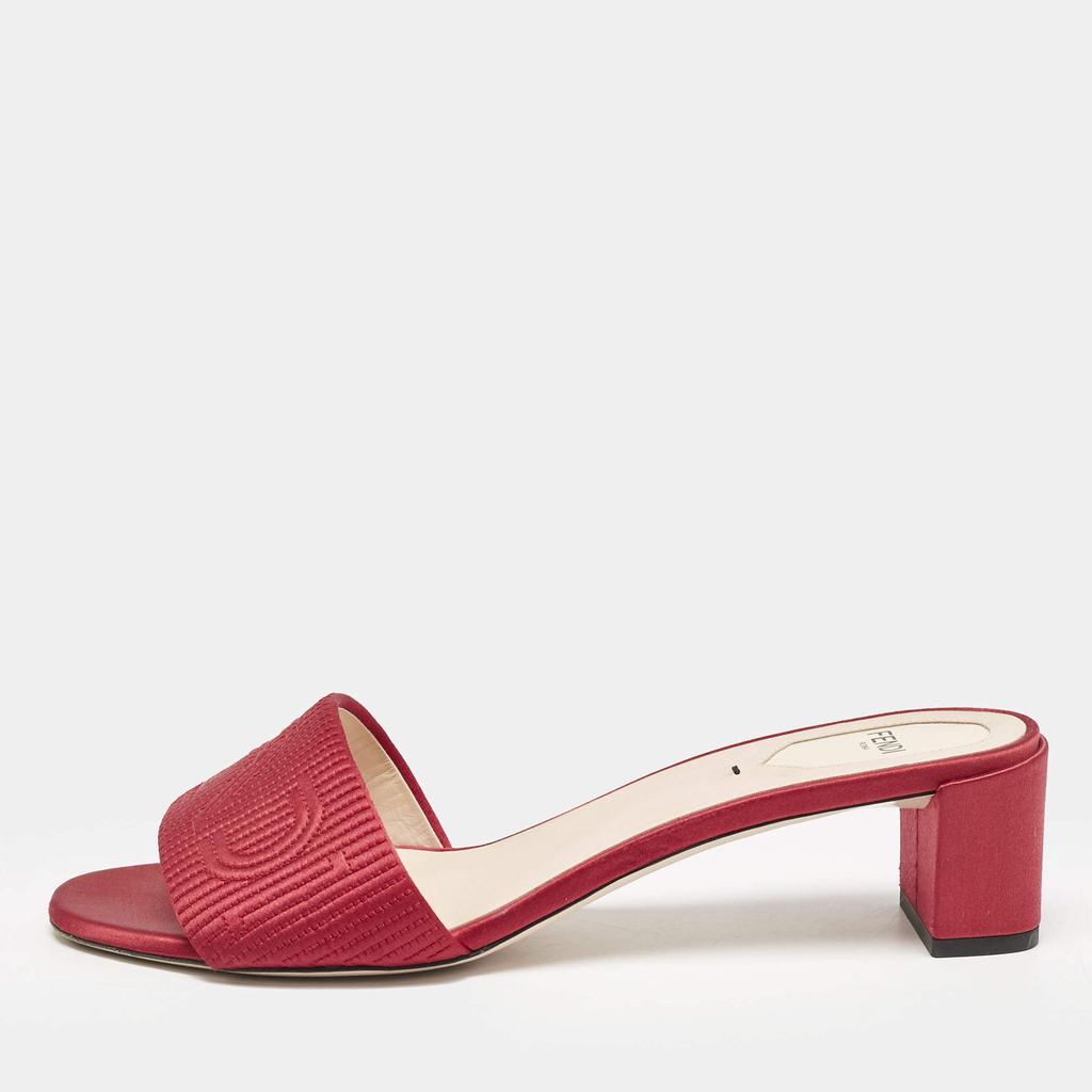 Fendi Fendi Red Satin Logo Embroidered Block Heel Slide Sandals Size 40