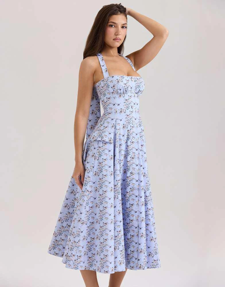 House of CB House of CB Claudia stretch cotton halter neck midi dress in blue floral print 4