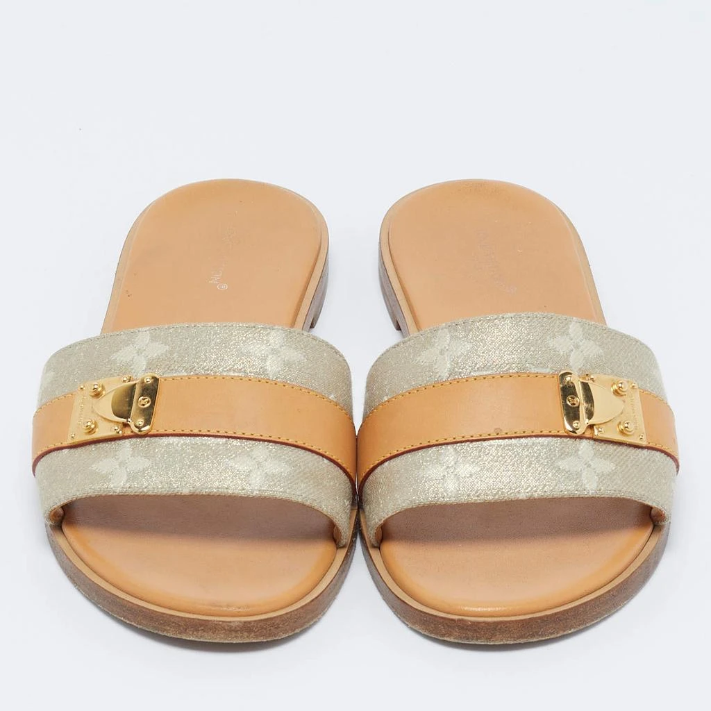 Louis Vuitton Louis Vuitton Brown/Beige Fabric and Leather Lock It Flat Sandals Size 37 3