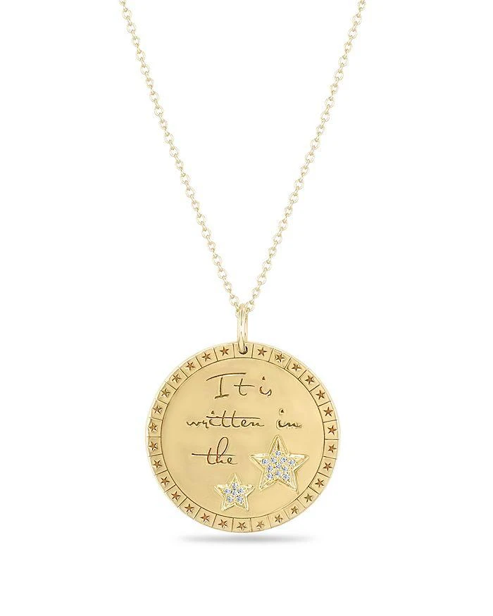 Zoe Chicco Zoe Chicco 14K Yellow Gold Diamond "It's Written in the Stars" Mantra Disc Pendant Necklace, 16-18" 1