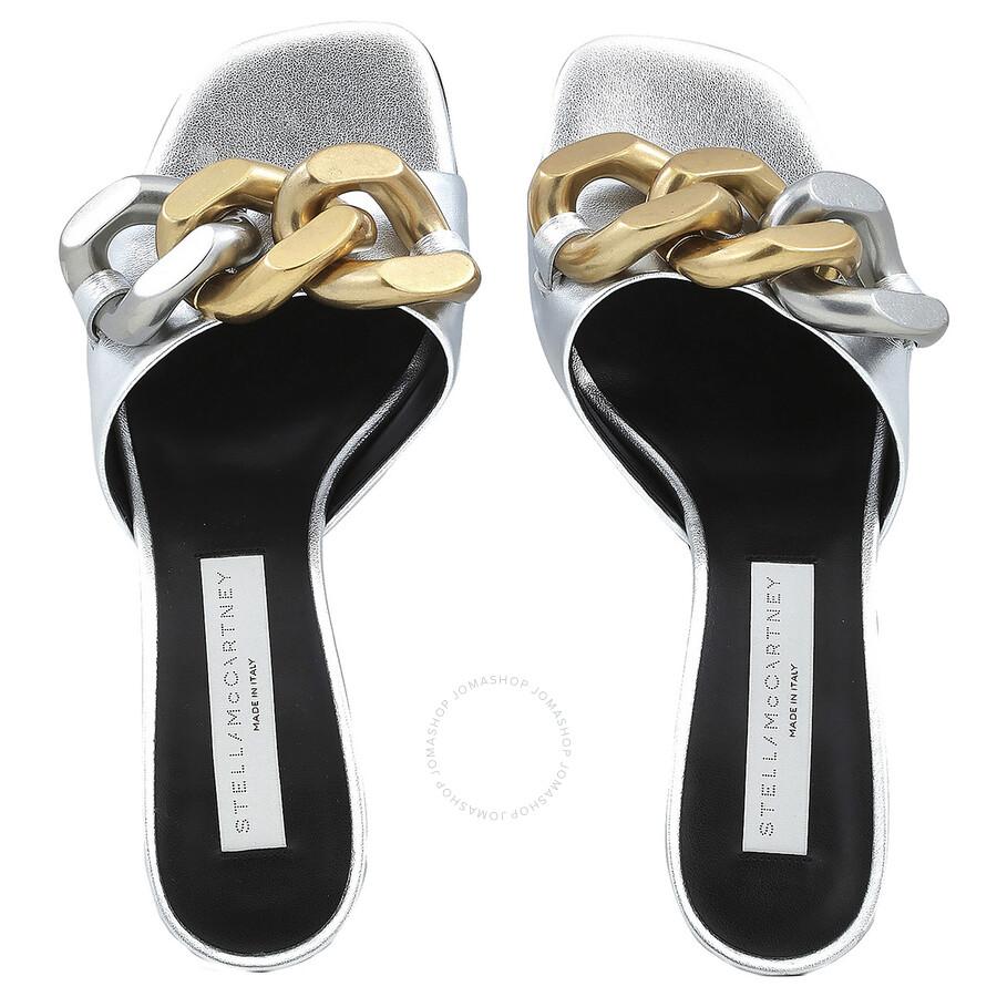 Stella McCartney Ladies Silver Metallic Falabella Kitten Mules