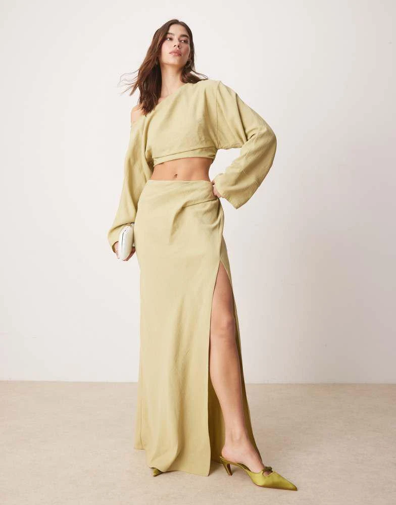 ASOS ASOS DESIGN fallen shoulder cut out midaxi dress in light olive 1
