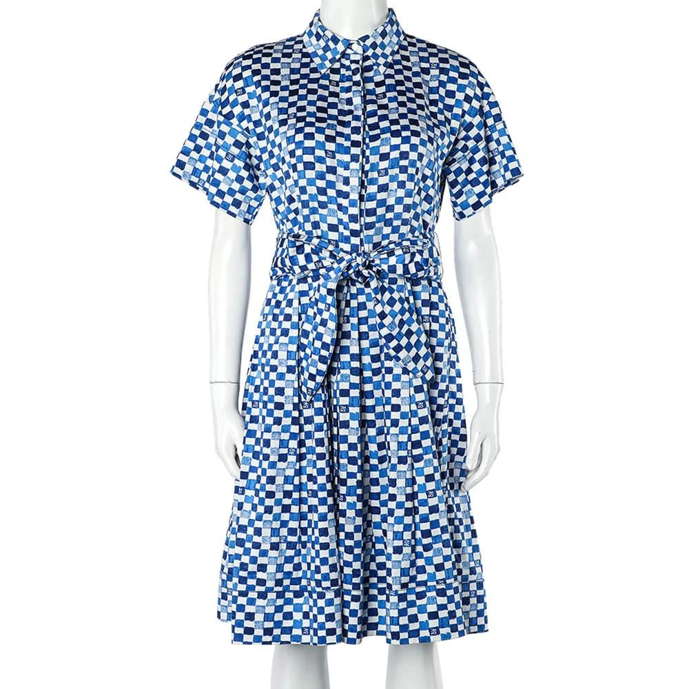 CH Carolina Herrera CH Carolina Herrera Blue Logo Grid Print Cotton Belted Dress S 1