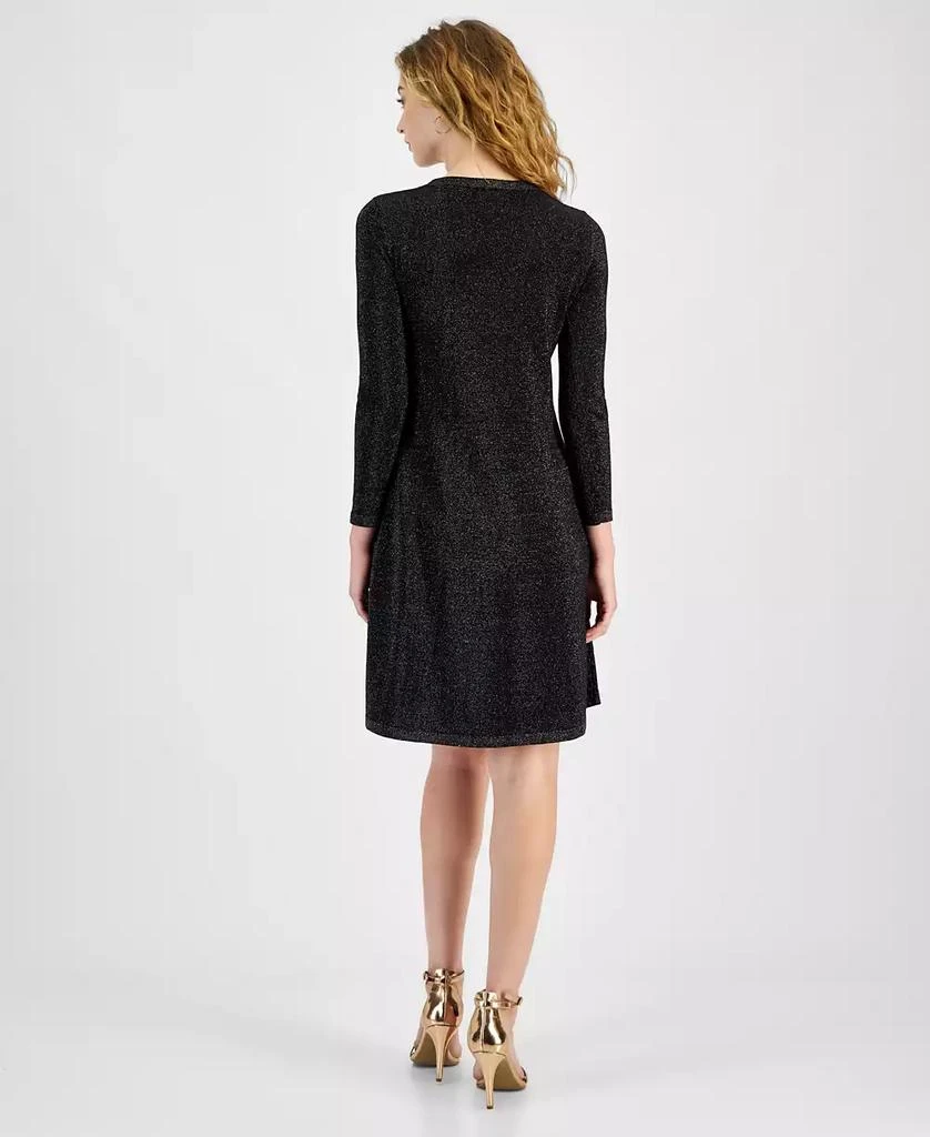 Robbie Bee Petite Bow-Trim-Neck Long-Sleeve Glitter Sweater Dress 2