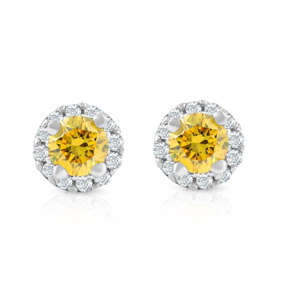 Pompeii3 1/4 Ct Halo Fancy Yellow Lab Grown Diamond Studs 10K White Gold