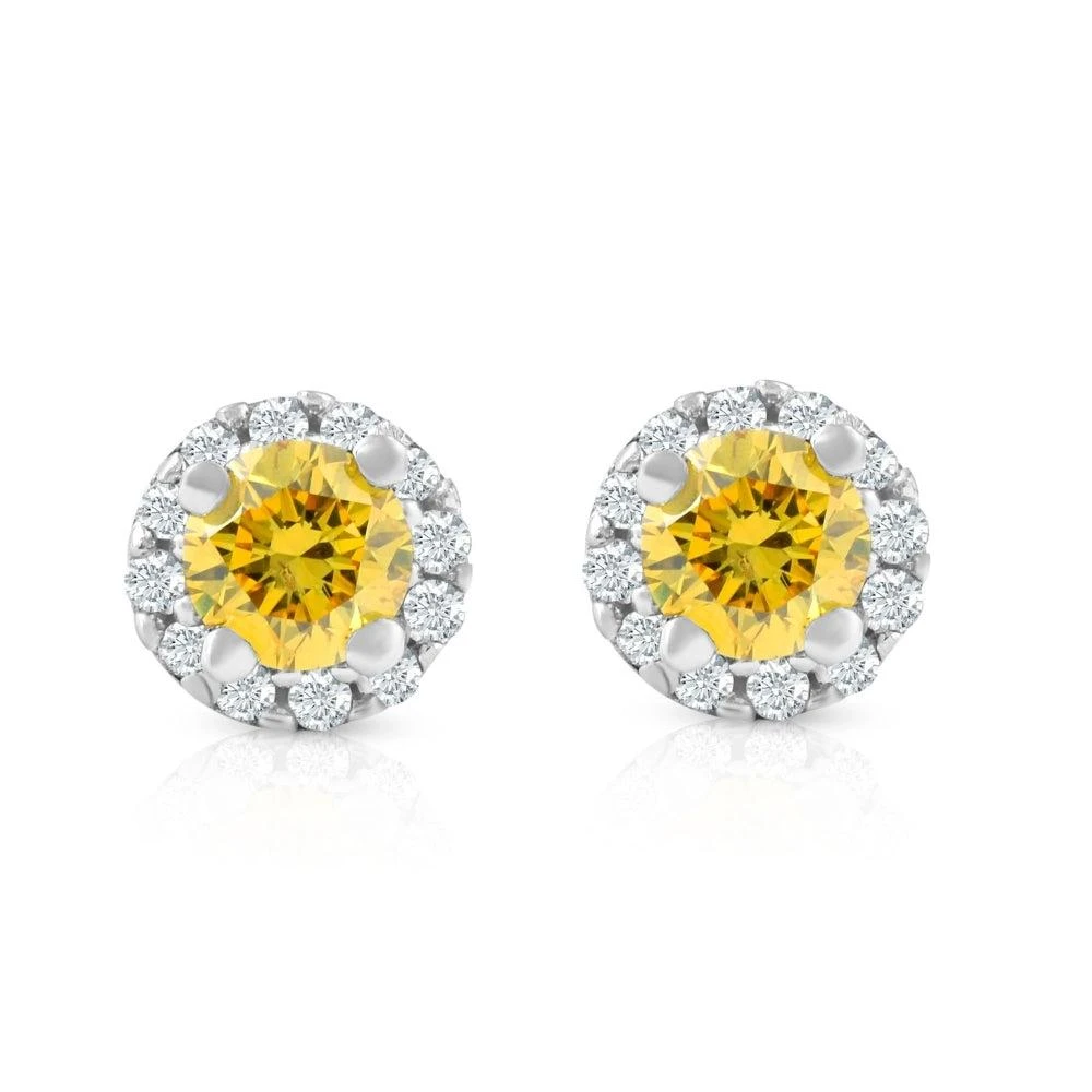 Pompeii3 1/4 Ct Halo Fancy Yellow Lab Grown Diamond Studs 10K White Gold 1