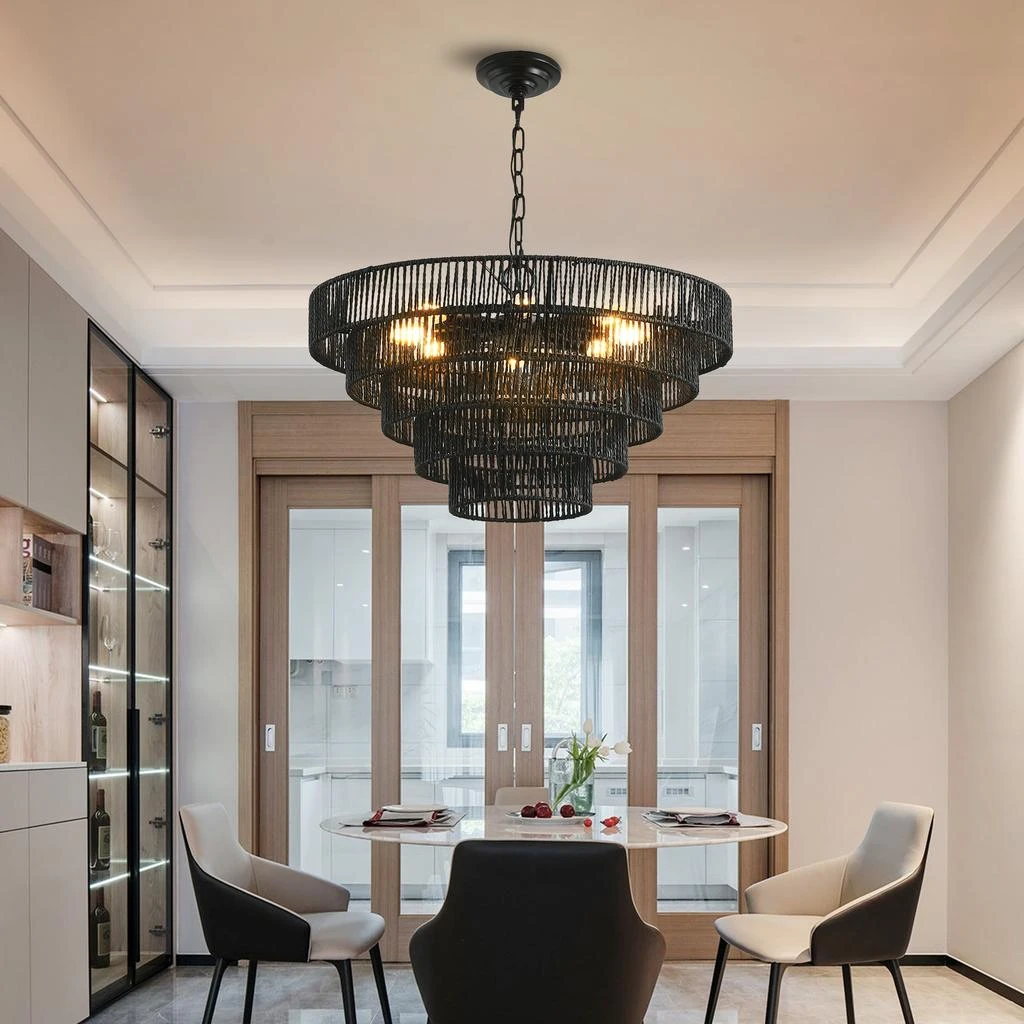 Streamdale Furniture Streamdale Rustic 5-Tier Hemp Rope Chandelier with 8 Sockets, Hardwired Pendant