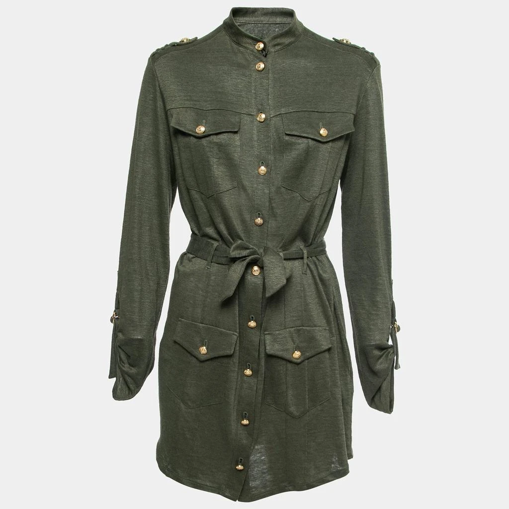 Balmain Balmain Kaki Green Knit Button-Embellished Belted Mini Dress M 1