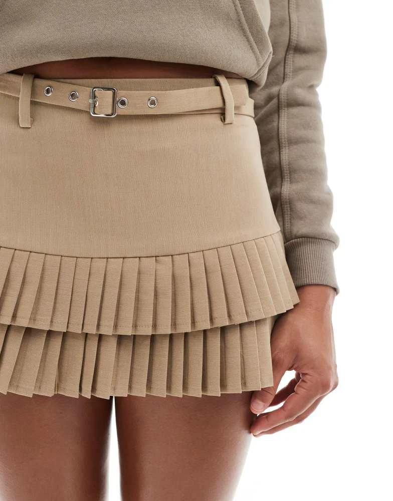 Bershka Bershka pleated detail mini skirt in camel 5