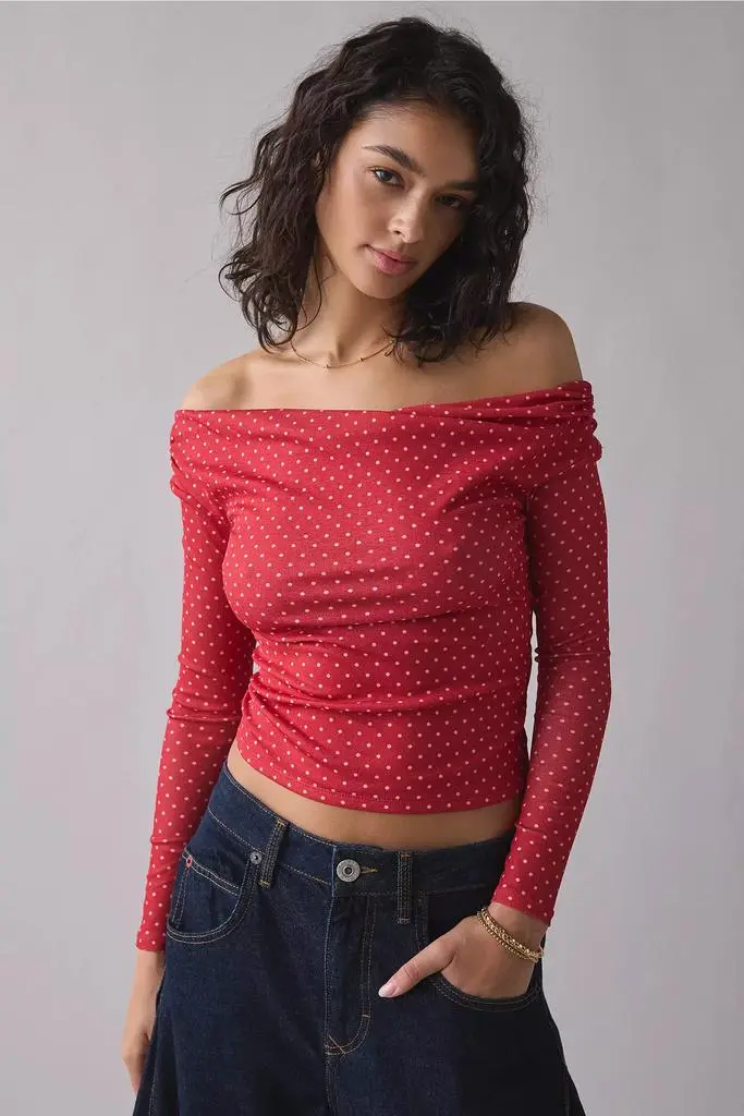 Urban Outfitters UO Fia Mesh Long Sleeve Off-The-Shoulder Crop Top