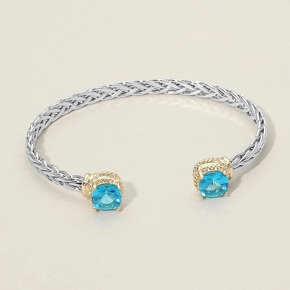 FASHNZFAB 14K Gold Plated CZ Stone Tip Two Tone Braided Cuff Bracelet