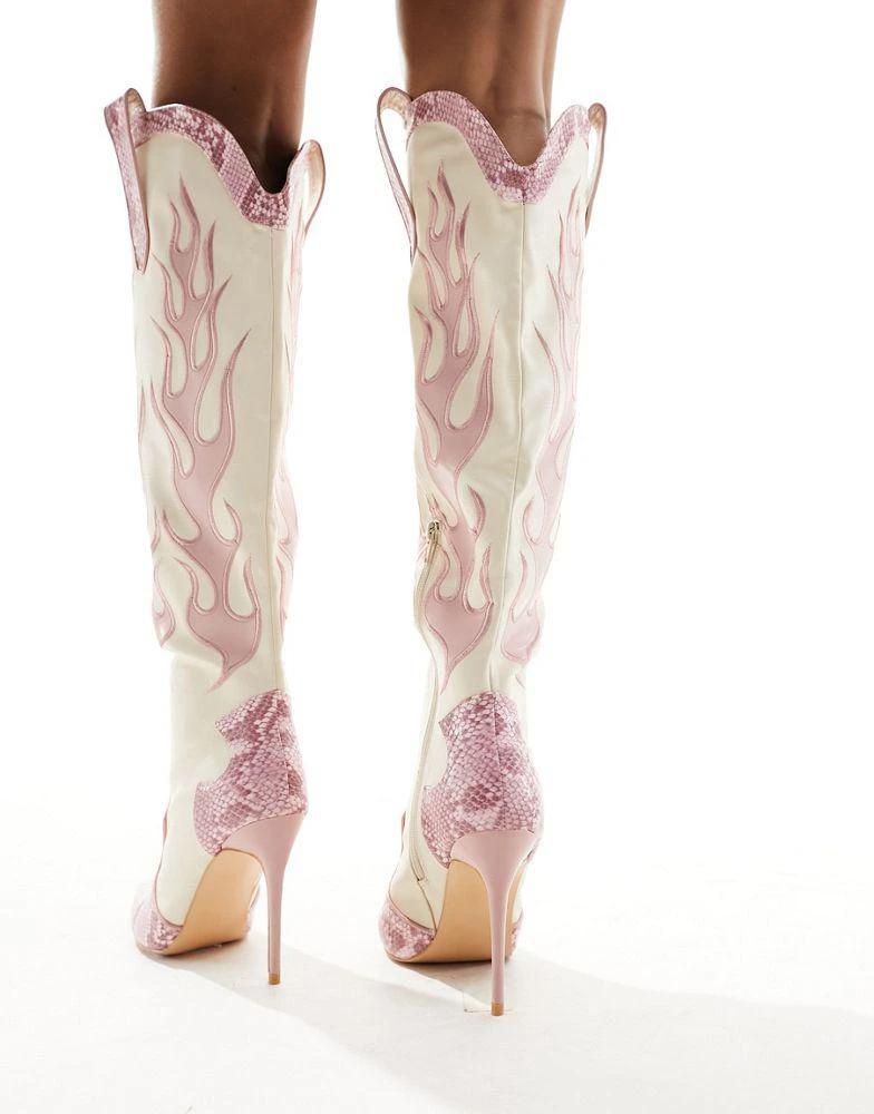 Public Desire Public Desire Jacksonville heeled knee boot with snake print in ecru and pink 4
