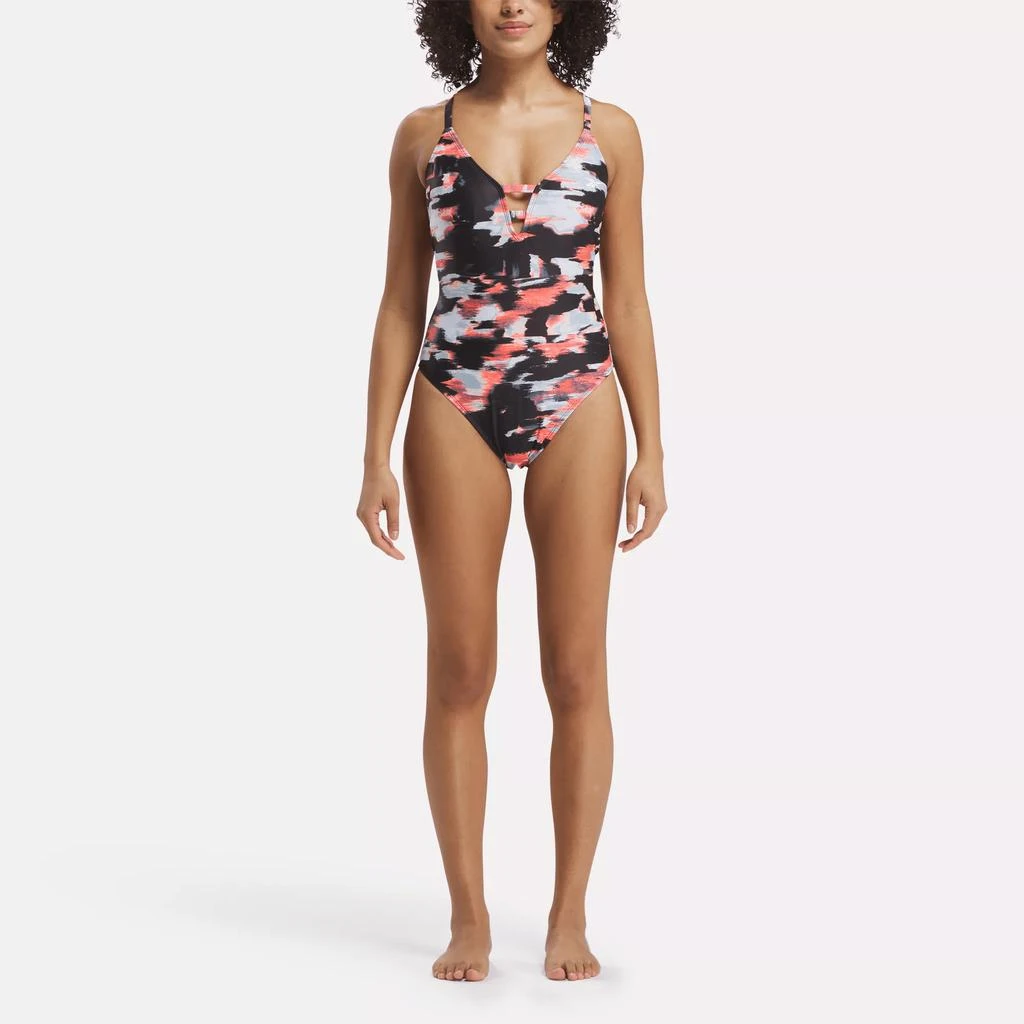 Reebok Women's Elite Camo Plunging One-Piece Swimsuit with Strappy Details 1